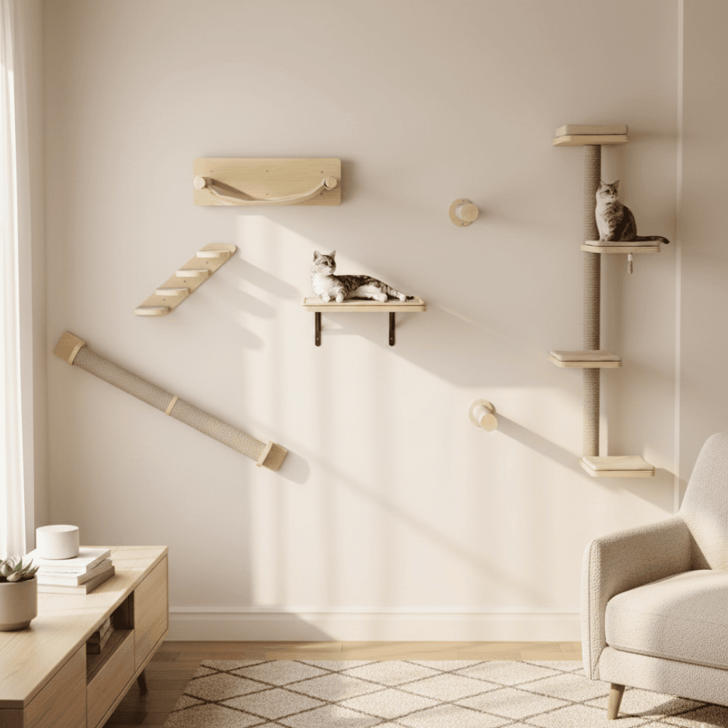 Arbre à chat murale en bois - beige