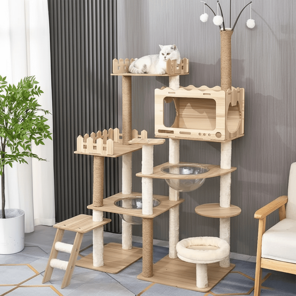Arbre à chat en bois et jeux intégrés
