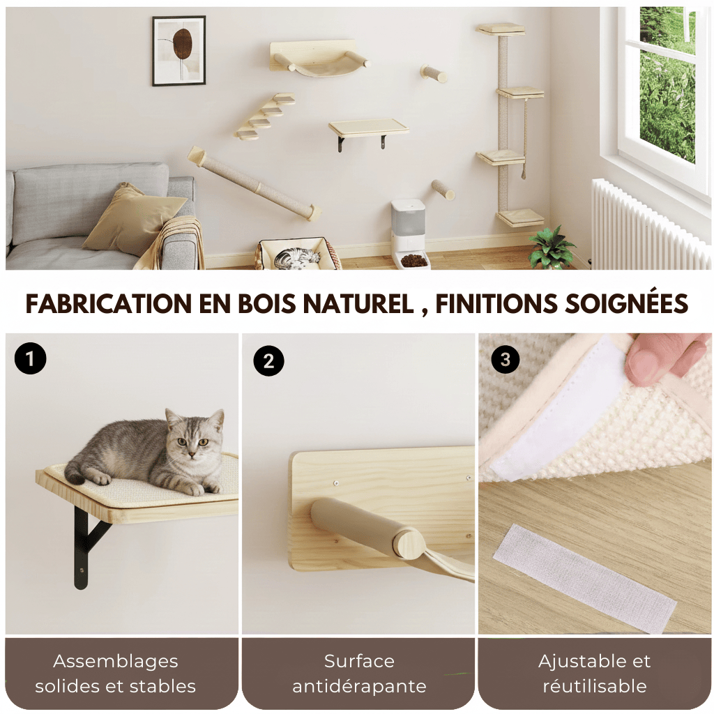 Arbre à chat murale en bois - beige