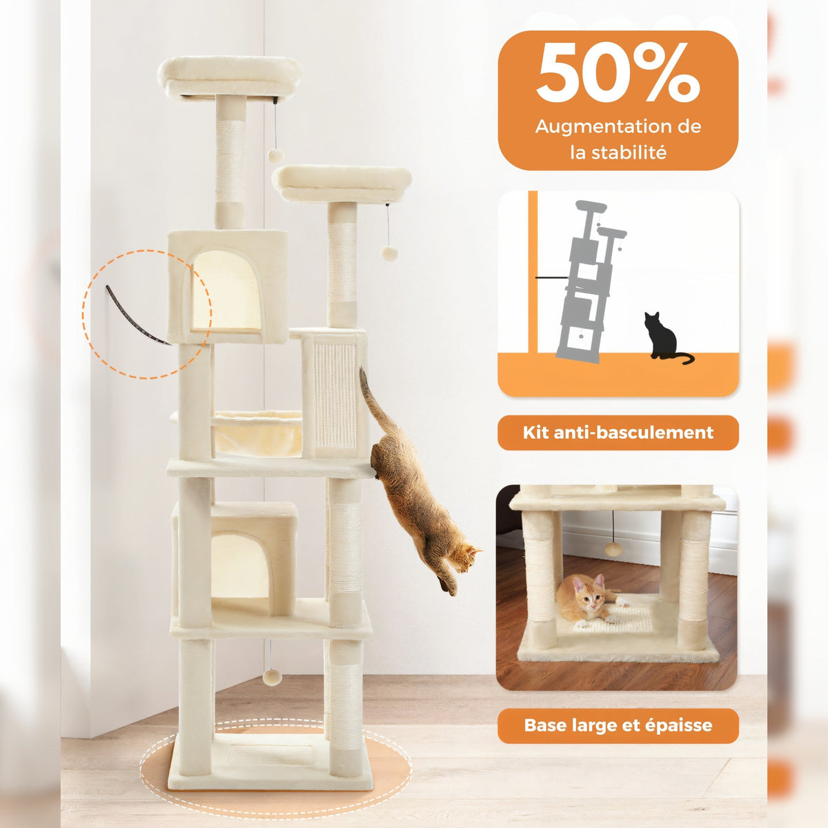 Arbre à chat xxl beige tissu et peluche