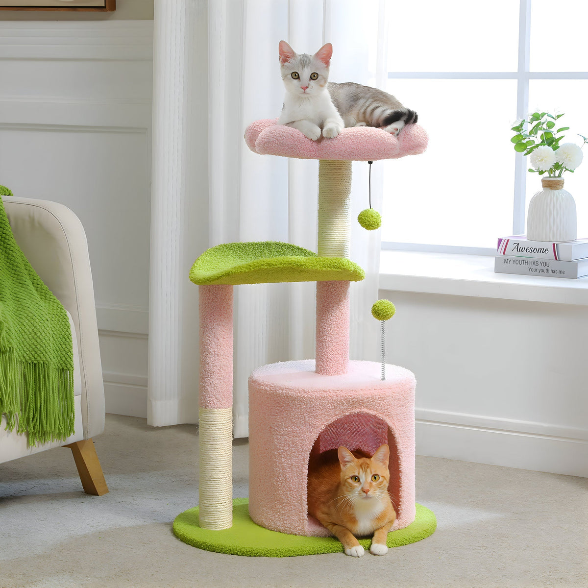 Arbre à chat rose et vert à fleurs