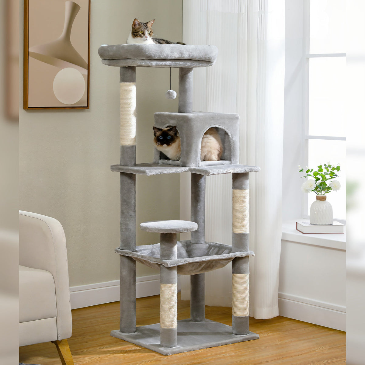 Arbre à chat grande taille gris tissu peluche