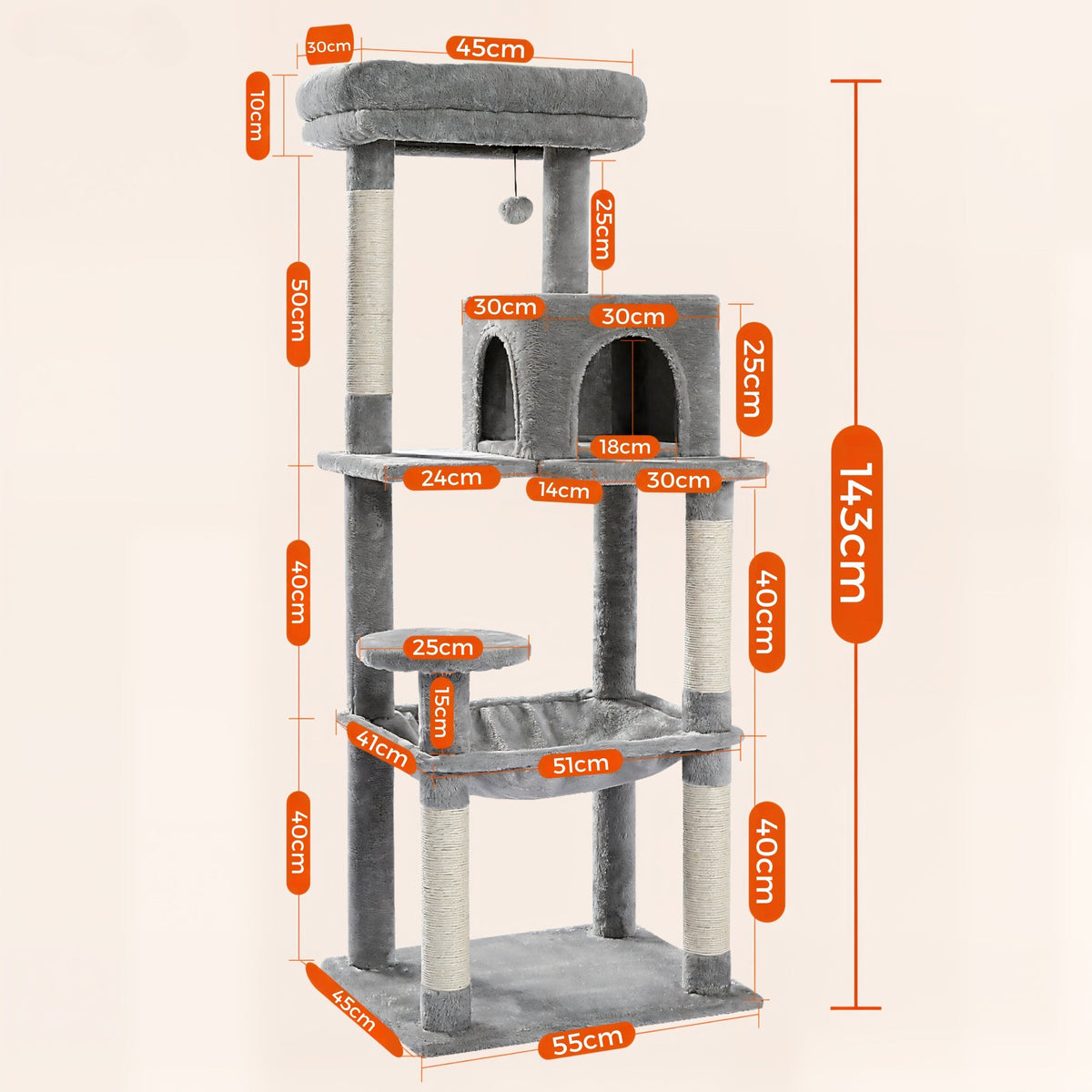 Arbre à chat grande taille gris tissu peluche