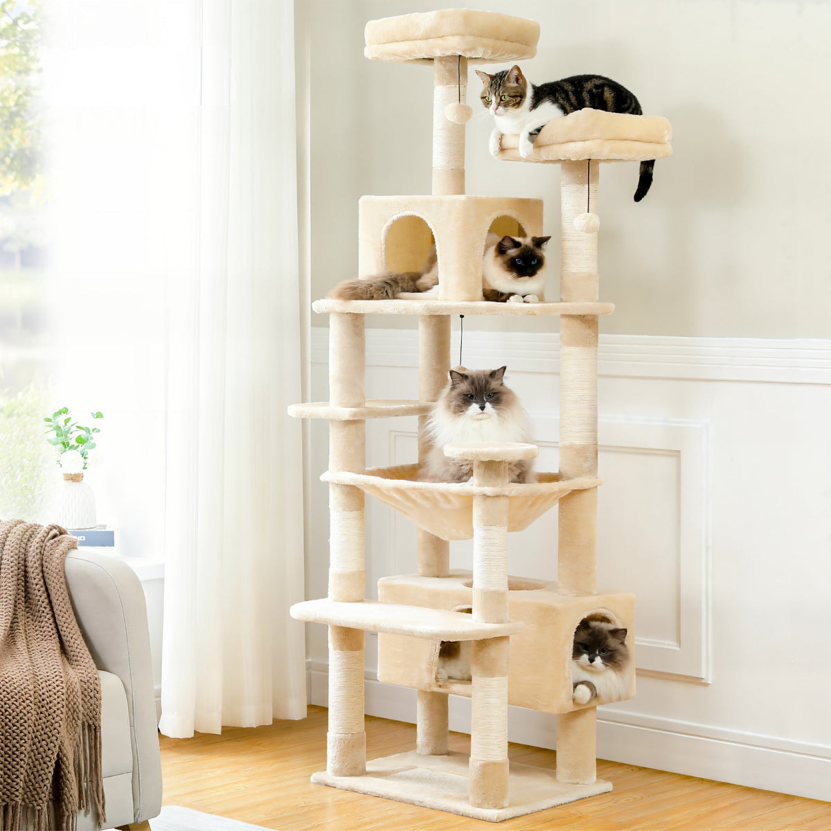 Arbre à chat xxl beige tissu pelucheux