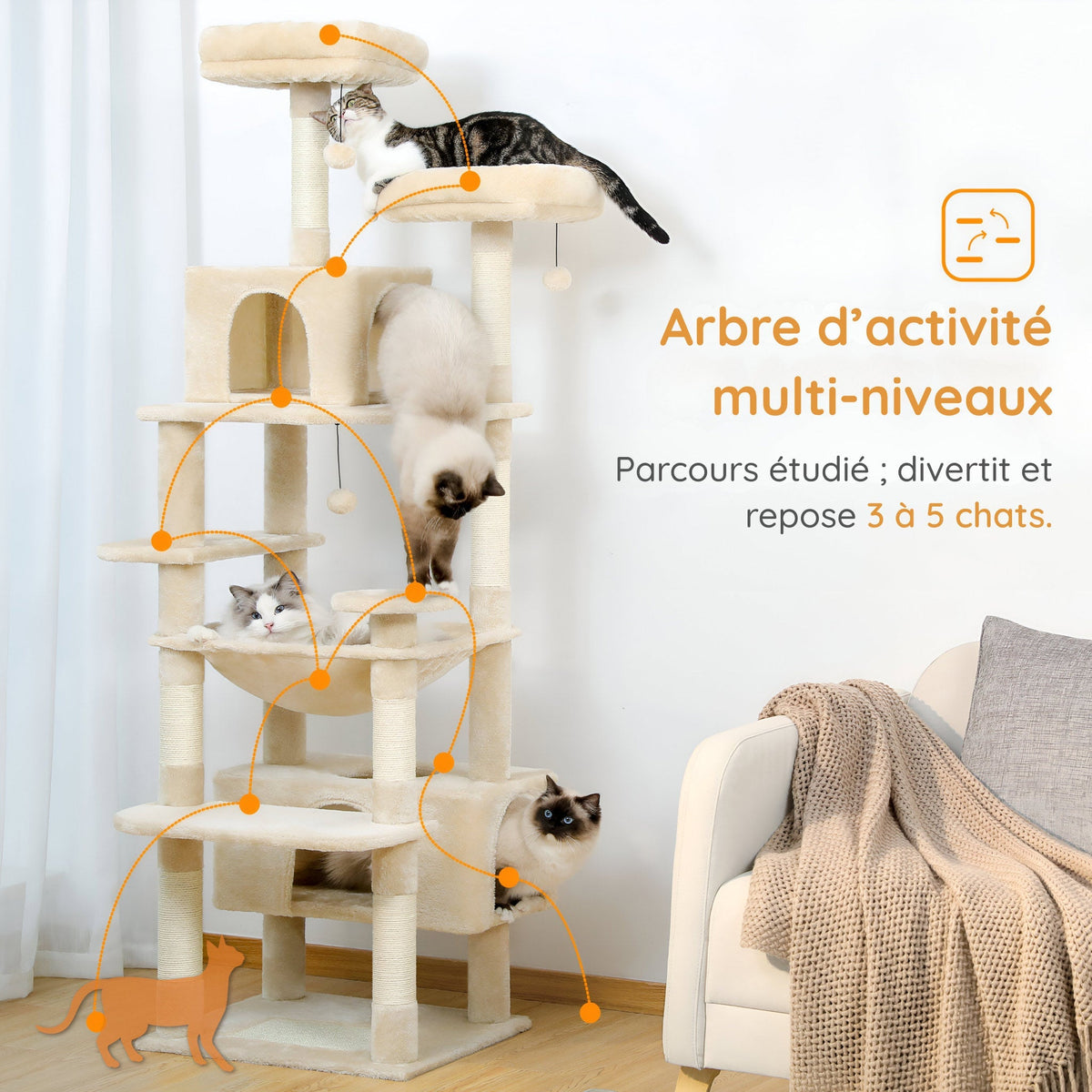 Arbre à chat xxl beige tissu pelucheux