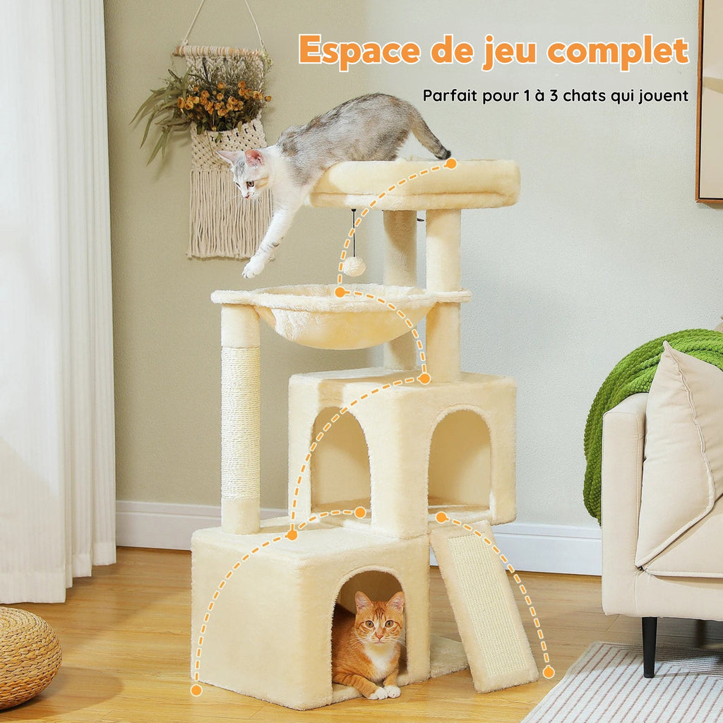 Arbre à chat pelucheux beige à 2 niches
