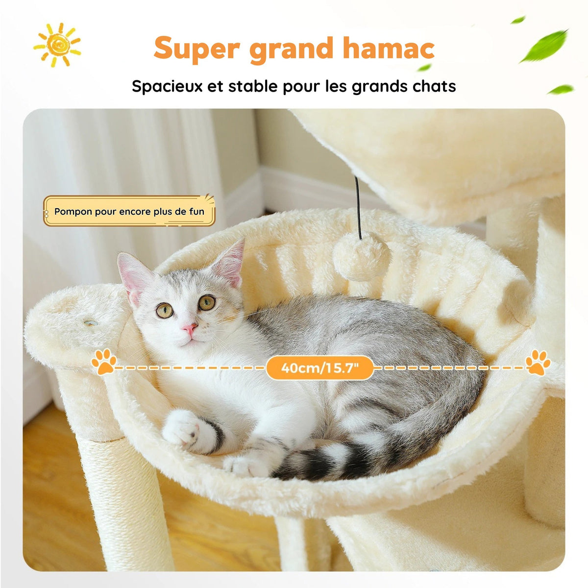 Arbre à chat pelucheux beige à 2 niches
