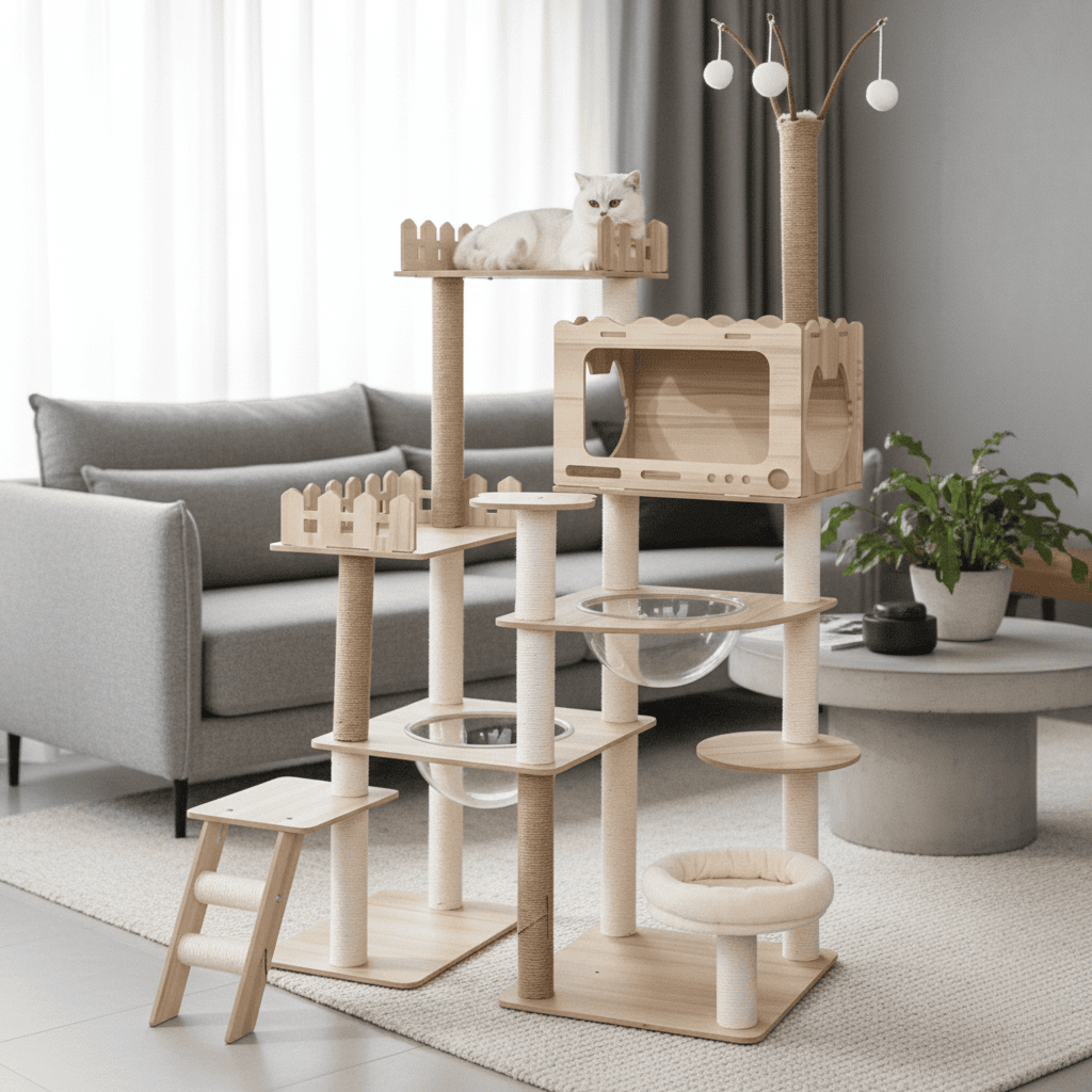 Arbre à chat en bois et jeux intégrés